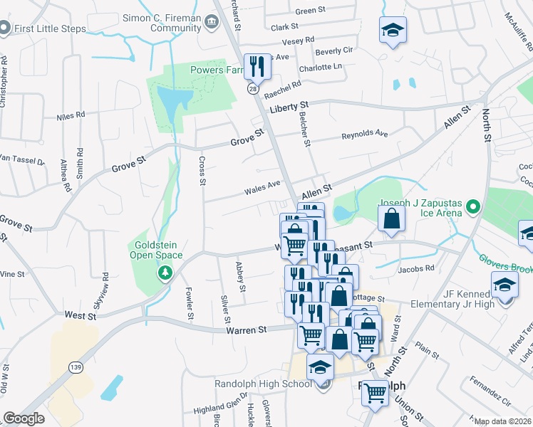 map of restaurants, bars, coffee shops, grocery stores, and more near 18 Nelson Drive in Randolph
