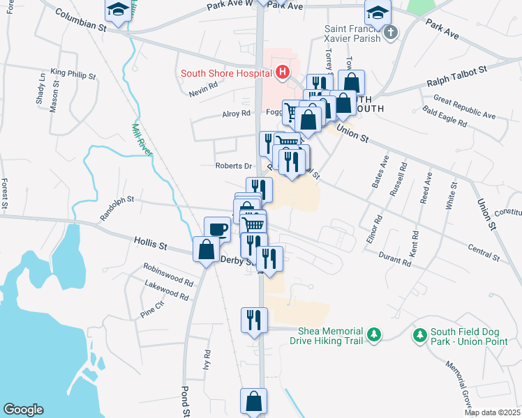 map of restaurants, bars, coffee shops, grocery stores, and more near 10 Pond Street in Weymouth