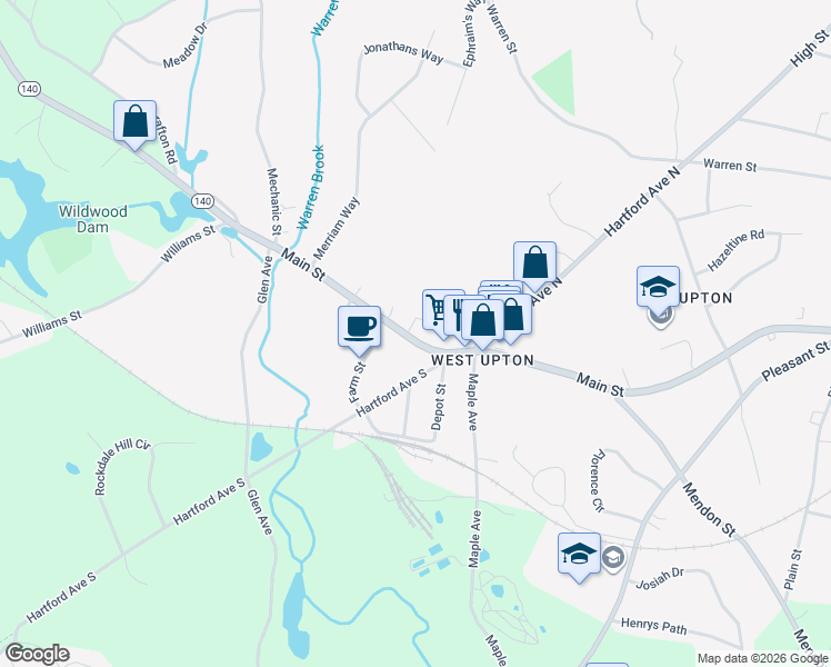 map of restaurants, bars, coffee shops, grocery stores, and more near 137 Main Street in Upton