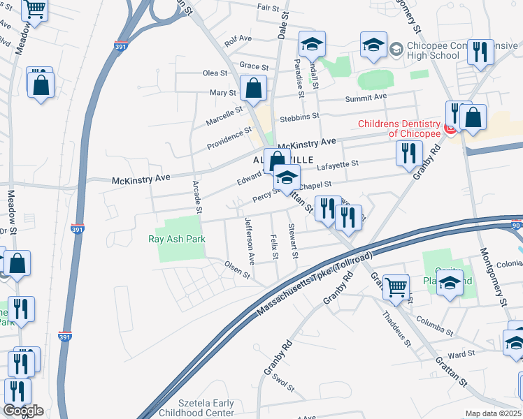 map of restaurants, bars, coffee shops, grocery stores, and more near 23 Percy Street in Chicopee