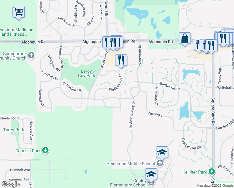 map of restaurants, bars, coffee shops, grocery stores, and more near 560 South Annandale Drive in Lake in the Hills