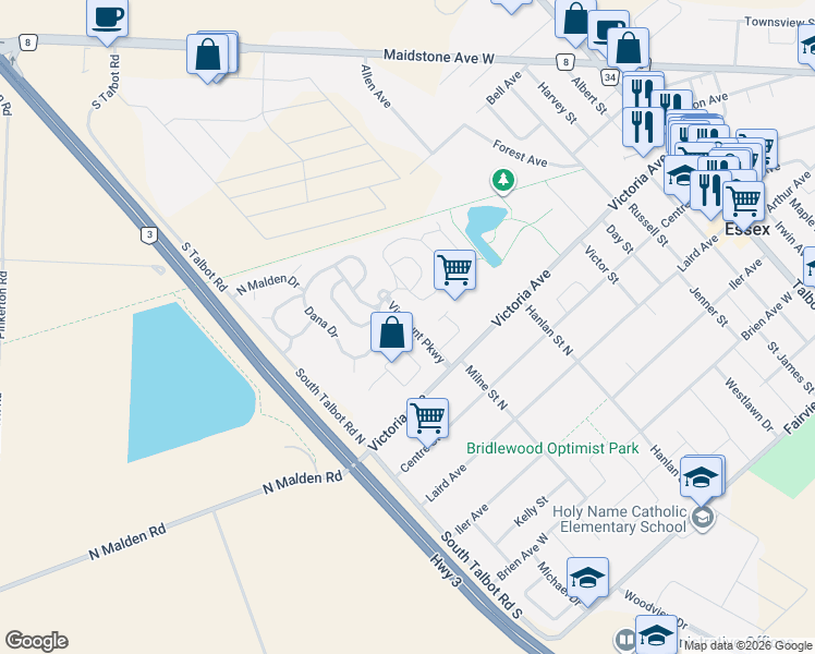 map of restaurants, bars, coffee shops, grocery stores, and more near 319 Beverly Drive in Essex