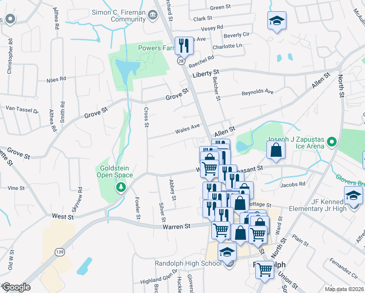 map of restaurants, bars, coffee shops, grocery stores, and more near 22 Nelson Drive in Randolph