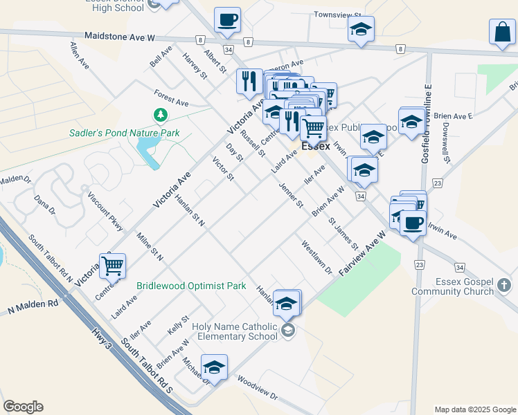 map of restaurants, bars, coffee shops, grocery stores, and more near 111 Iler Avenue in Essex