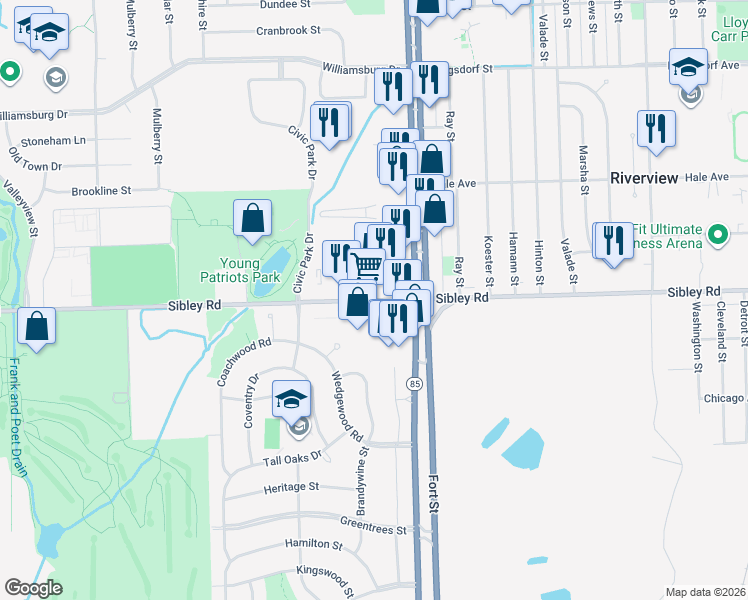 map of restaurants, bars, coffee shops, grocery stores, and more near 13751 Sibley Road in Riverview