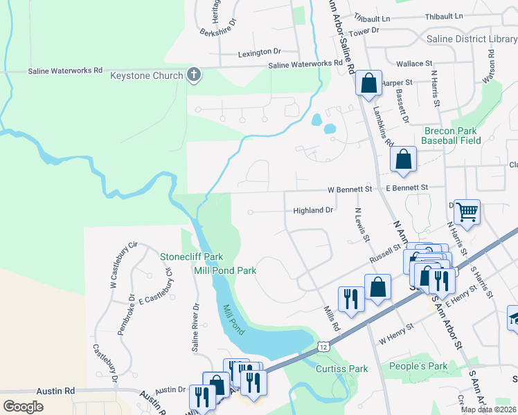 map of restaurants, bars, coffee shops, grocery stores, and more near 555 Mills Road in Saline