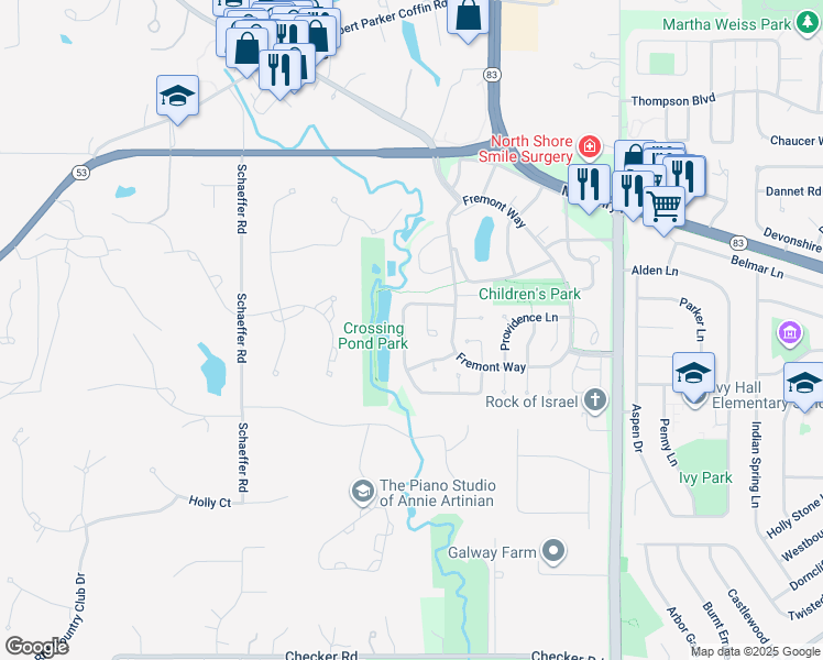 map of restaurants, bars, coffee shops, grocery stores, and more near 969 Shambliss Lane in Buffalo Grove