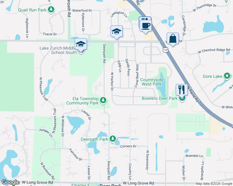 map of restaurants, bars, coffee shops, grocery stores, and more near 545 Cypress Bridge Road in Lake Zurich