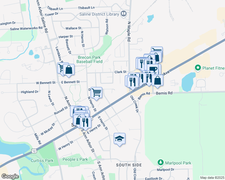 map of restaurants, bars, coffee shops, grocery stores, and more near 377 Detroit Street in Saline