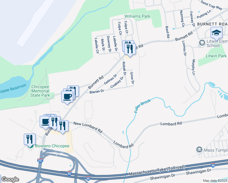 map of restaurants, bars, coffee shops, grocery stores, and more near 14 Coakley Drive in Chicopee