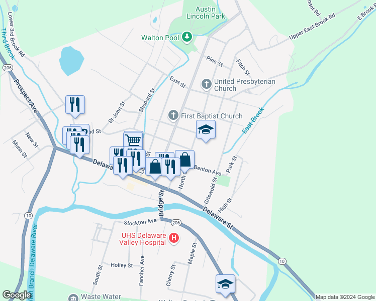 map of restaurants, bars, coffee shops, grocery stores, and more near 61 North Street in Walton