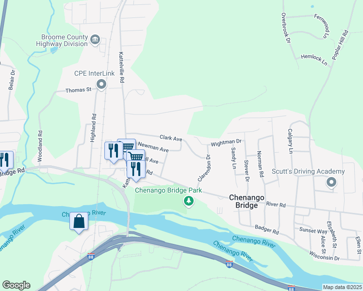 map of restaurants, bars, coffee shops, grocery stores, and more near 27-29 Clark Avenue in Binghamton