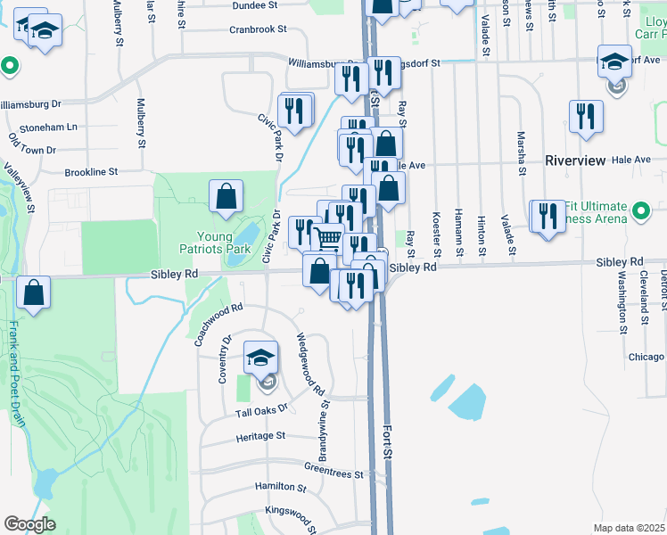 map of restaurants, bars, coffee shops, grocery stores, and more near 13800 Sibley Road in Riverview