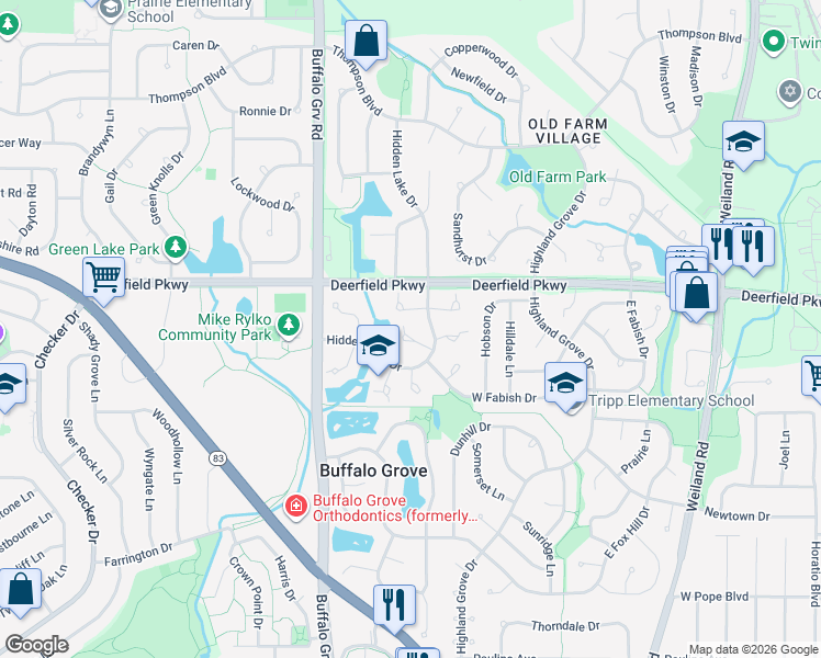 map of restaurants, bars, coffee shops, grocery stores, and more near 1072 Hidden Lake Drive in Buffalo Grove