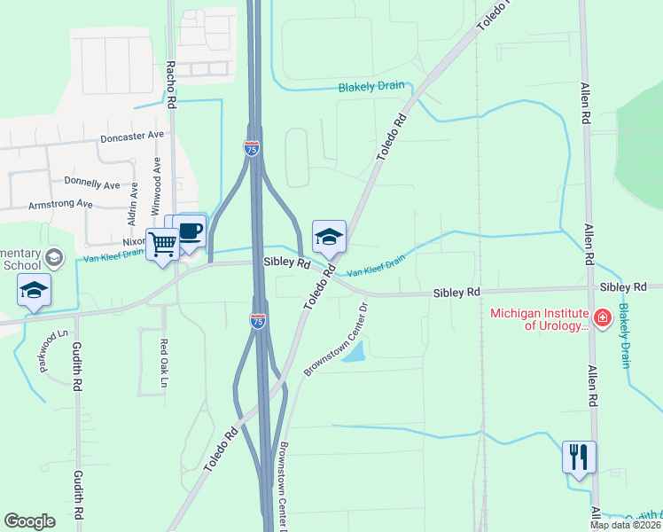 map of restaurants, bars, coffee shops, grocery stores, and more near 18888 Dix Toledo Highway in Brownstown Charter Township