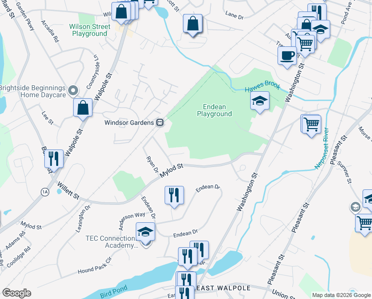 map of restaurants, bars, coffee shops, grocery stores, and more near 16 Hamilton Circle in Norwood