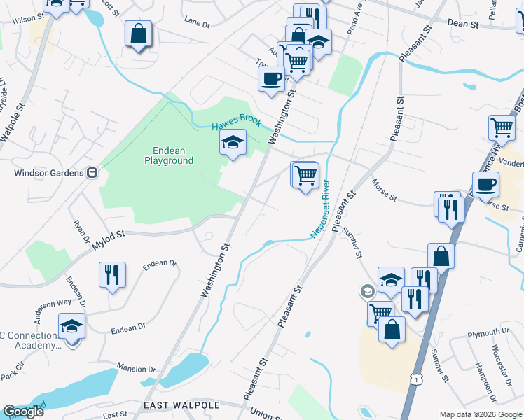 map of restaurants, bars, coffee shops, grocery stores, and more near 63 Highview Street in Norwood