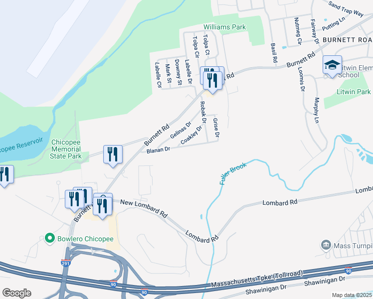 map of restaurants, bars, coffee shops, grocery stores, and more near 14 Coakley Drive in Chicopee