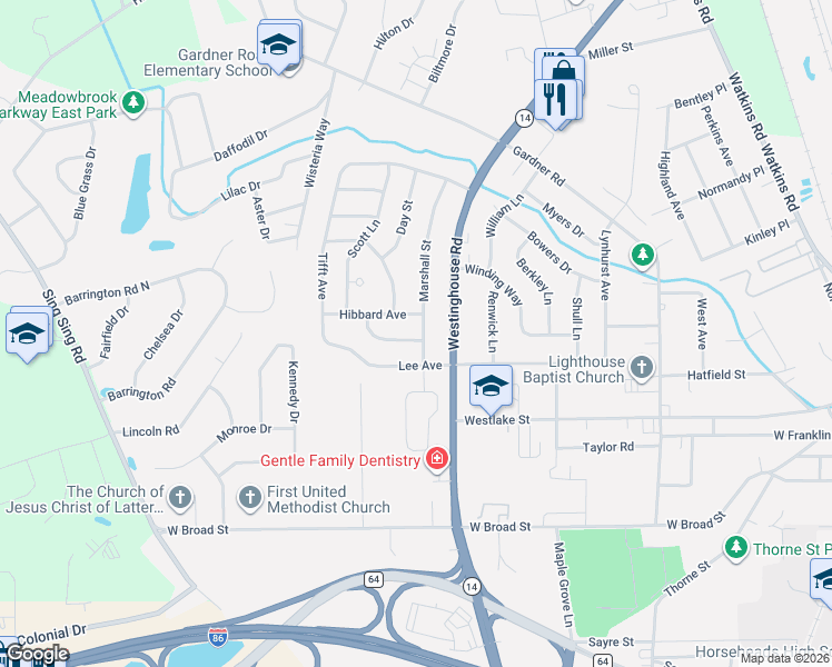 map of restaurants, bars, coffee shops, grocery stores, and more near 204 Hibbard Avenue in Horseheads
