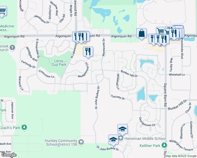 map of restaurants, bars, coffee shops, grocery stores, and more near 7 Marigold Lane in Algonquin