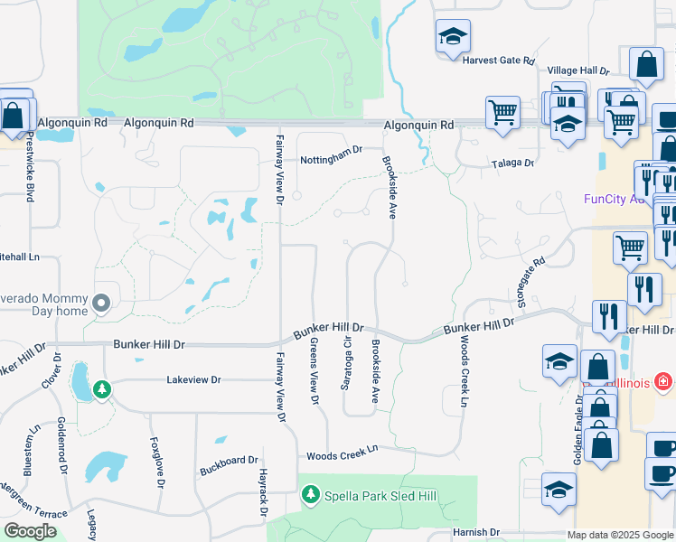 map of restaurants, bars, coffee shops, grocery stores, and more near 1 Stillwater Court in Algonquin