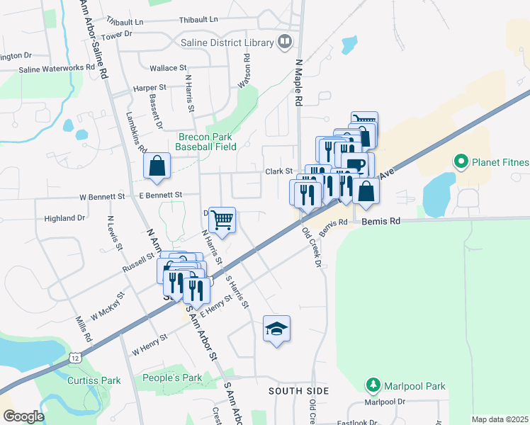 map of restaurants, bars, coffee shops, grocery stores, and more near 374 Detroit Street in Saline