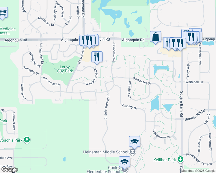 map of restaurants, bars, coffee shops, grocery stores, and more near 7 Marigold Lane in Algonquin