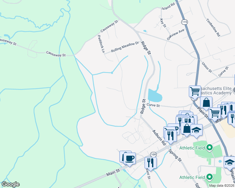 map of restaurants, bars, coffee shops, grocery stores, and more near 54-90 Ridge Street in Millis