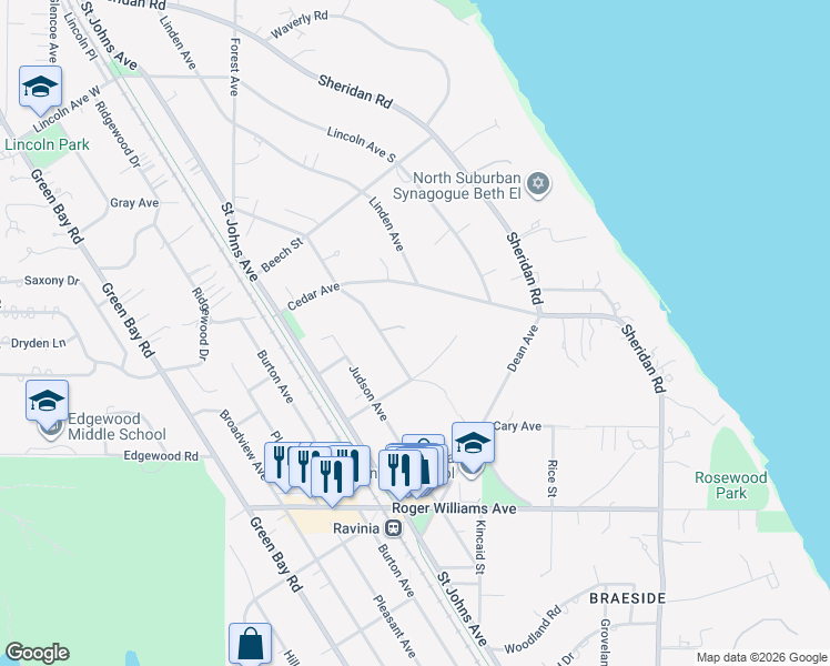 map of restaurants, bars, coffee shops, grocery stores, and more near 280 Cedar Avenue in Highland Park