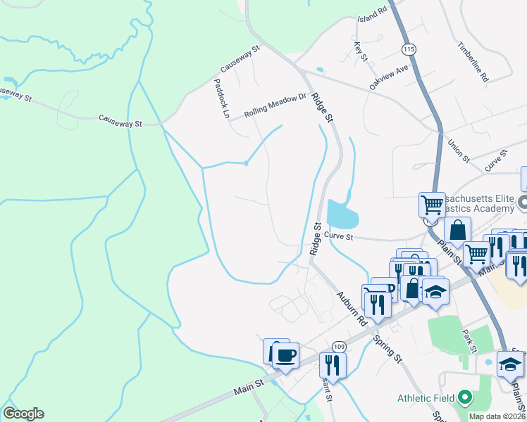 map of restaurants, bars, coffee shops, grocery stores, and more near 54-90 Ridge Street in Millis