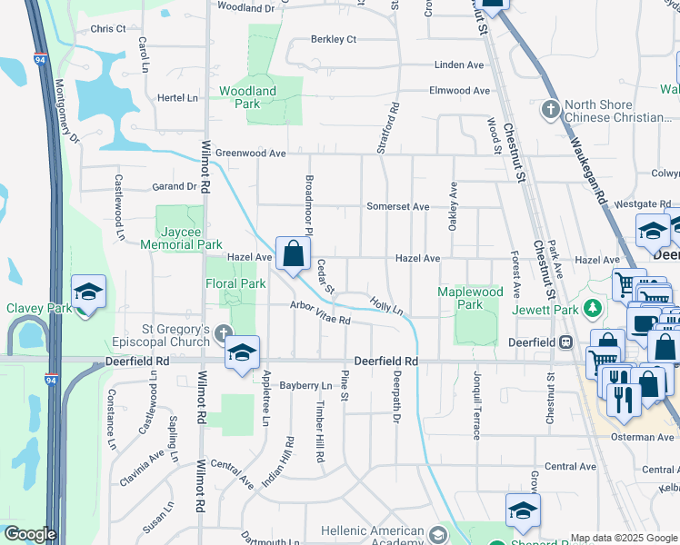 map of restaurants, bars, coffee shops, grocery stores, and more near 963 Cedar Street in Deerfield