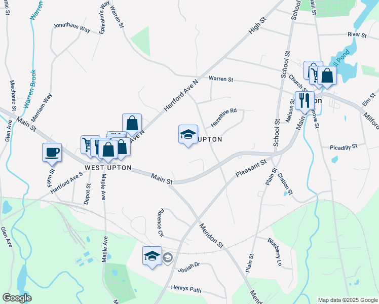 map of restaurants, bars, coffee shops, grocery stores, and more near 69 Main Street in Upton