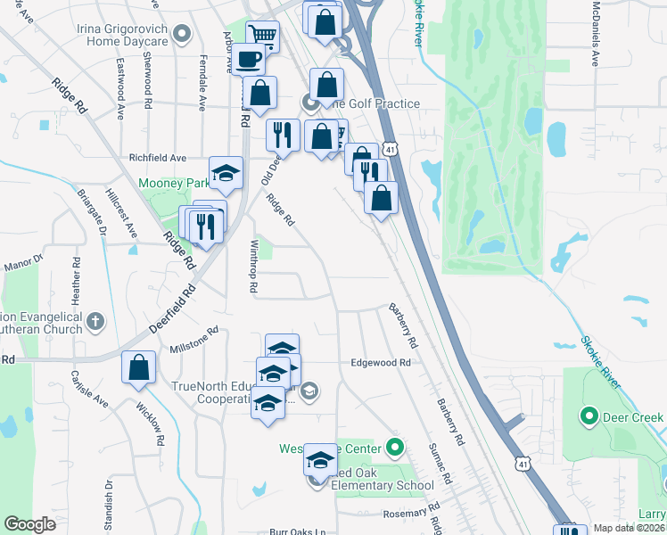 map of restaurants, bars, coffee shops, grocery stores, and more near 981 Ridge Road in Highland Park
