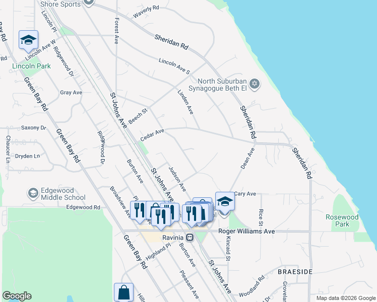 map of restaurants, bars, coffee shops, grocery stores, and more near 1005 Wade Street in Highland Park