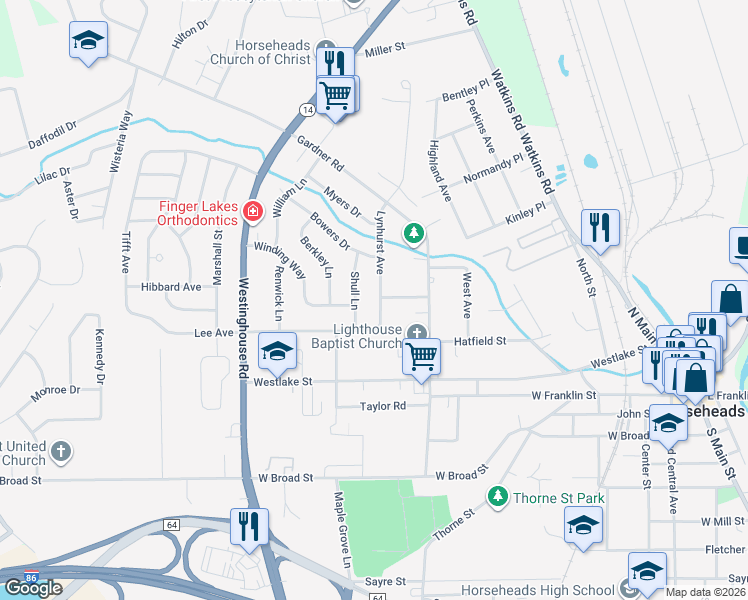 map of restaurants, bars, coffee shops, grocery stores, and more near 303 Lynhurst Ave in Horseheads