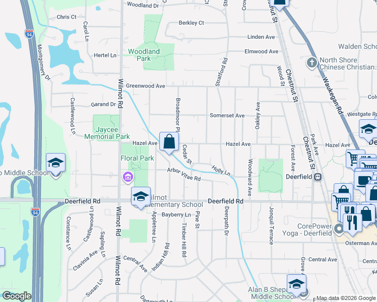 map of restaurants, bars, coffee shops, grocery stores, and more near 951 Cedar Street in Deerfield