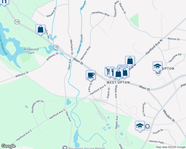 map of restaurants, bars, coffee shops, grocery stores, and more near 140 Main Street in Upton
