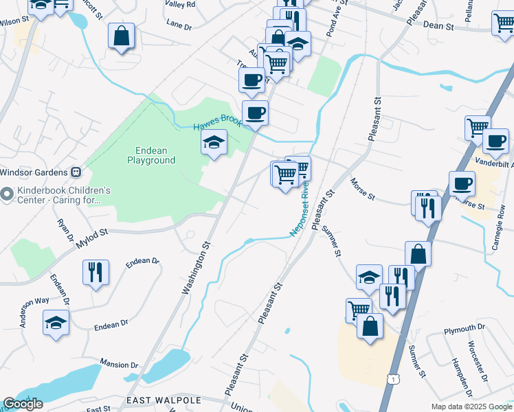map of restaurants, bars, coffee shops, grocery stores, and more near 30 Highview Street in Norwood