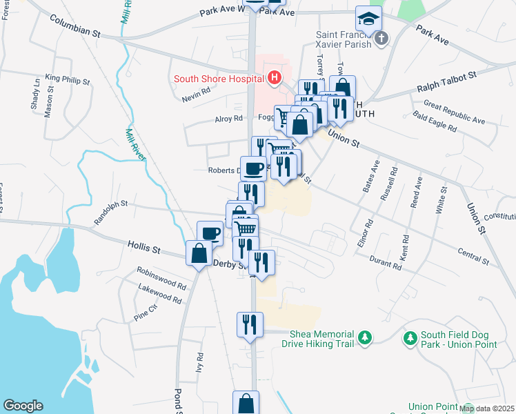 map of restaurants, bars, coffee shops, grocery stores, and more near 994 Main Street in Weymouth
