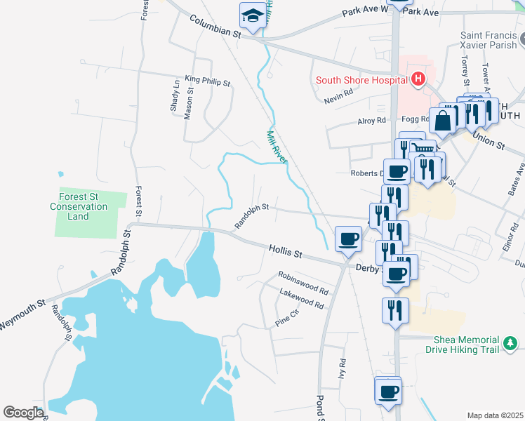 map of restaurants, bars, coffee shops, grocery stores, and more near 115 Randolph Street in Weymouth