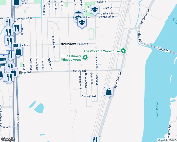 map of restaurants, bars, coffee shops, grocery stores, and more near 12240 Sibley Road in Riverview