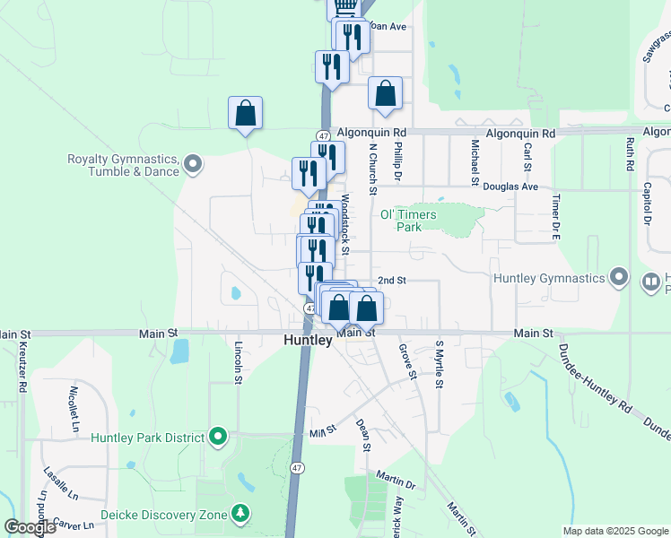map of restaurants, bars, coffee shops, grocery stores, and more near 10903 Woodstock Street in Huntley