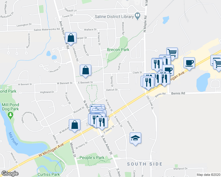 map of restaurants, bars, coffee shops, grocery stores, and more near 305 Spring Street in Saline