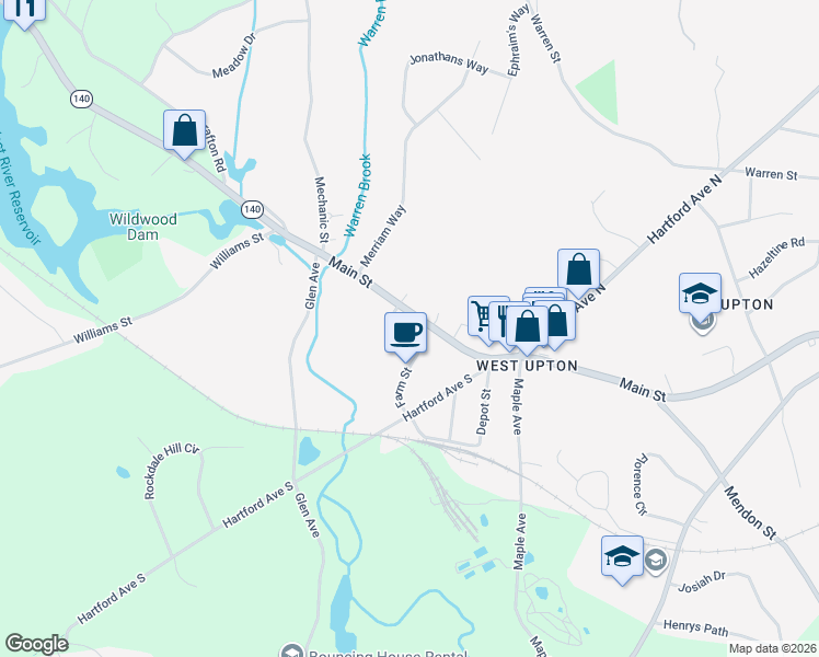 map of restaurants, bars, coffee shops, grocery stores, and more near 3 Driscoll Lane in Upton