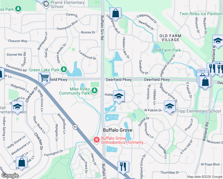 map of restaurants, bars, coffee shops, grocery stores, and more near 1096 Pine Tree Circle North in Buffalo Grove