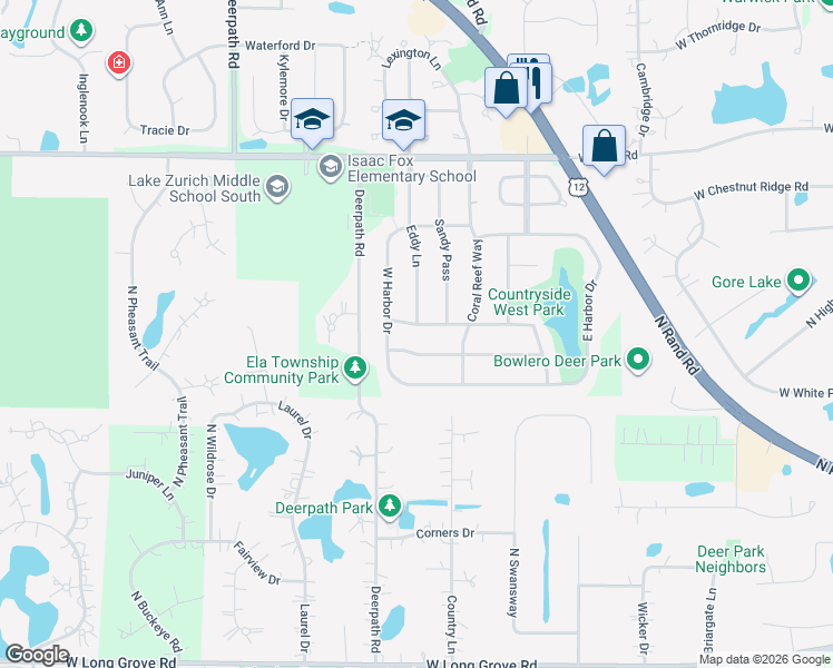 map of restaurants, bars, coffee shops, grocery stores, and more near 545 Cypress Bridge Road in Lake Zurich