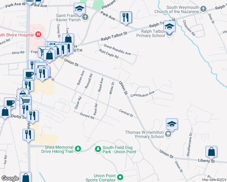 map of restaurants, bars, coffee shops, grocery stores, and more near 34 White Street in Weymouth