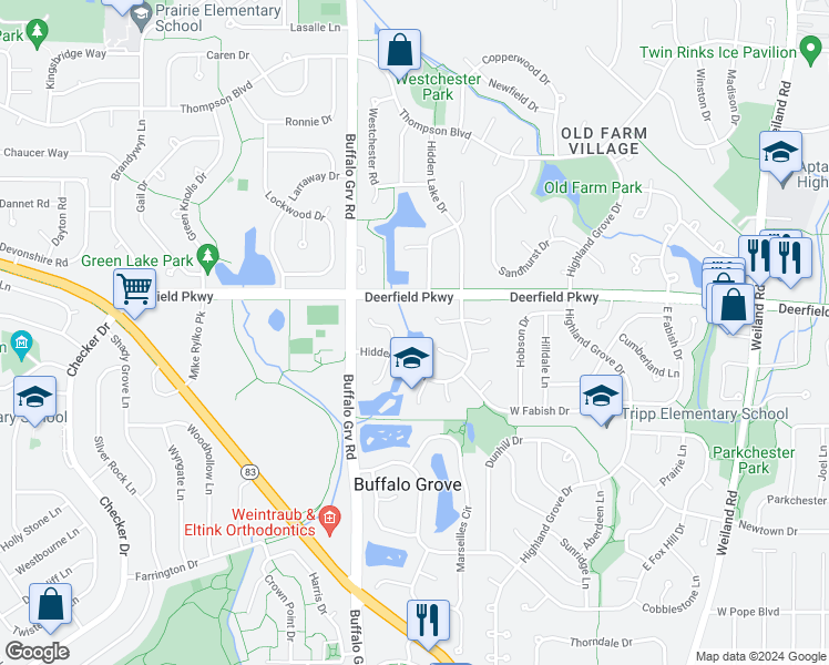 map of restaurants, bars, coffee shops, grocery stores, and more near 156 Morningside Lane West in Buffalo Grove