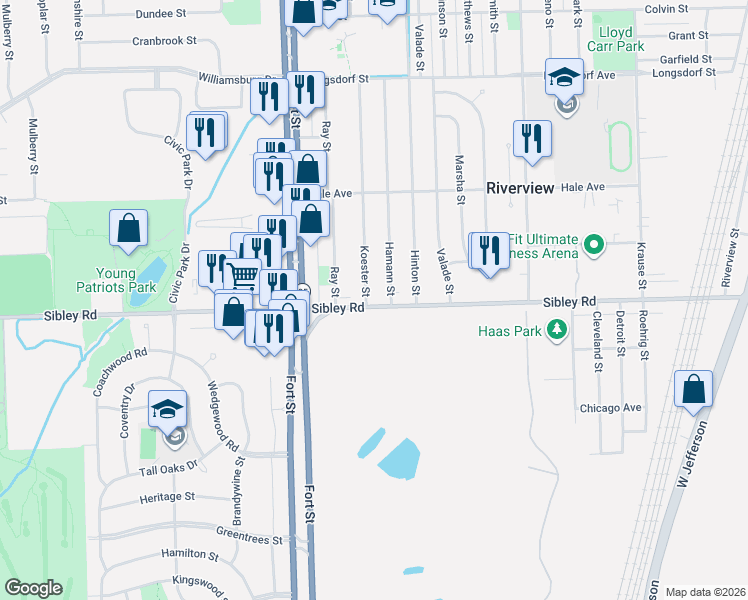 map of restaurants, bars, coffee shops, grocery stores, and more near 18771 Koester Street in Riverview