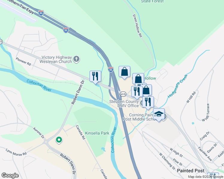 map of restaurants, bars, coffee shops, grocery stores, and more near 119 Victory Highway in Painted Post